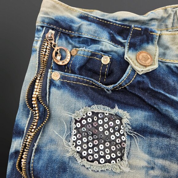 Y2K Baggy Long denim Shorts Womens Size S Rhinestone Sequin Distressed Grunge - Picture 5 of 7